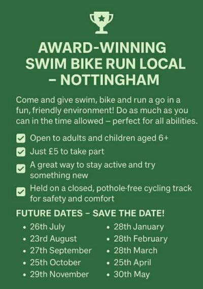 We have our next Swim Bike Run Local event taking place tomorrow! 

If you don’t fancy joining in with the actual swim, bike and run - we have volunteer positions available. Come along and see what we’re about!

Otherwise, entry on the day available, just pop by and meet our friendly team behind reception at Harvey Hadden from 2pm!